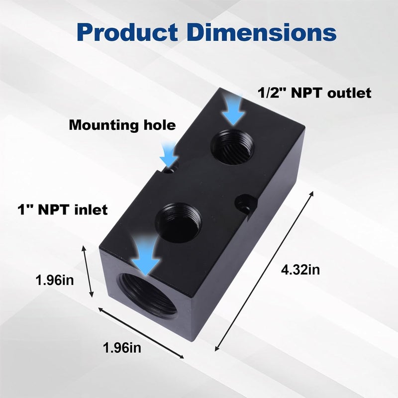 MARSTEK High Flow Air Manifold, Air Compressor Manifold, Air Hose Inline Manifold Block Splitter, Pneumatic Manifold Air Distribution Block, NPT 1 Inch Supply Port, NPT 1/2 Inch Output Port (2 Way 4 Port) - Image 4